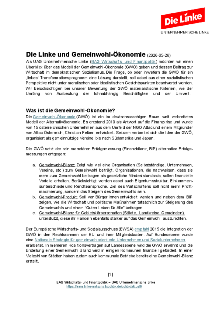 Positionspapier: GWÖ und Die Linke